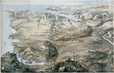 Panoramautsikt över förskansningen av Englands och Frankrikes allierade arméer före Sebastopol (litografi, tonad) av Thomas Packer