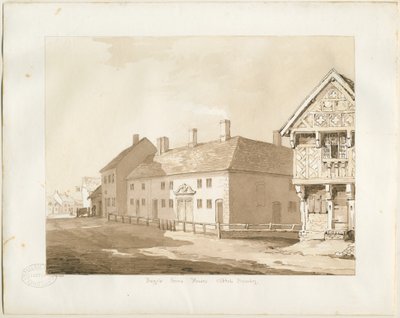Abbots Bromley Almshouses: sepiatvättteckning av Thomas Peploe Wood