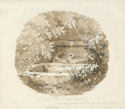 Biddulph - Forntida brunn i Knypersley Woods: sepiateckning av Thomas Peploe Wood