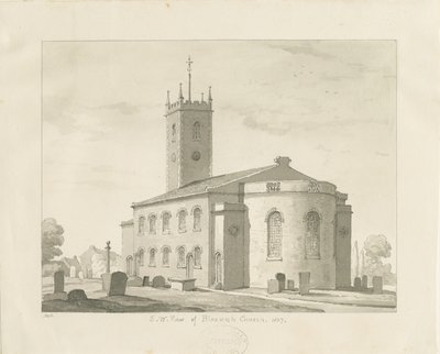 Bloxwich Church: sepiateckning, 1837 av Thomas Peploe Wood
