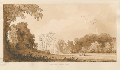 Chartley Castle: röd sepia-teckning av Thomas Peploe Wood