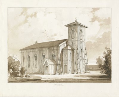 Ettingshalls kyrka: sepia tvättteckning, 1841 av Thomas Peploe Wood
