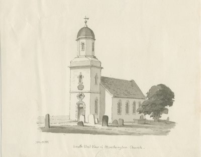 Marchington Church: sepiatvättteckning, 1836 av Thomas Peploe Wood