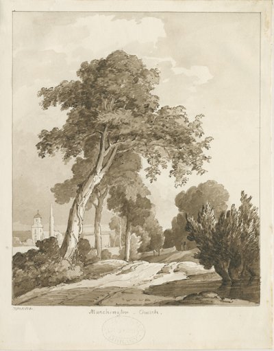 Marchington Church: sepiatvättteckning, 1836 av Thomas Peploe Wood