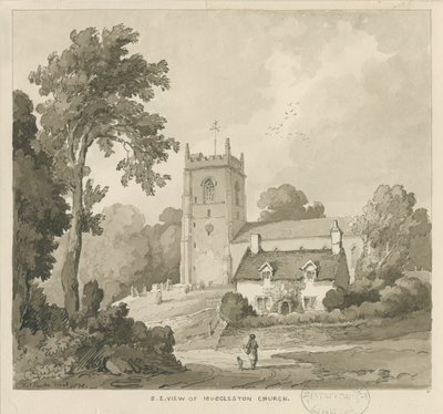 Mucklestone Church: sepiatvättteckning av Thomas Peploe Wood