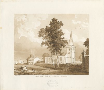 Rolleston Church: röd sepiateckning, 1836 av Thomas Peploe Wood