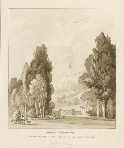 Sandon - Monument till William Pitt: sepiatvättteckning, 1838 av Thomas Peploe Wood