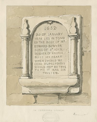 Seighford Church - Stentavla till Edward Bowyer: sepiateckning, nd [?1838] (teckning) av Thomas Peploe Wood