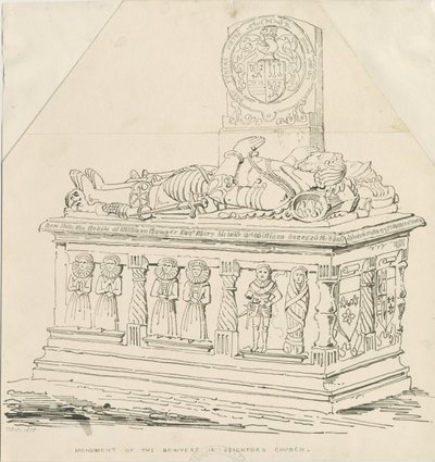 Seighford Church - Tomb of William and Mercy Bowyer: ritning med penna och bläck av Thomas Peploe Wood