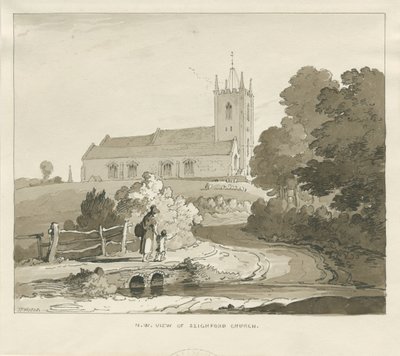 Seighford Church: sepiatvättteckning av Thomas Peploe Wood