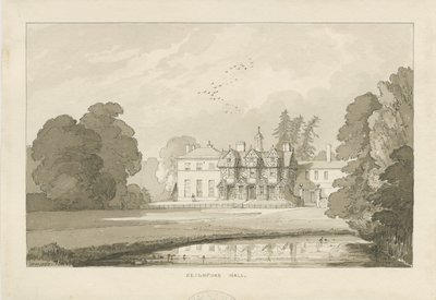 Seighford Hall: sepia-tvättad ritning av Thomas Peploe Wood