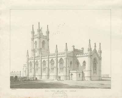 Stoke-upon-Trent Church [New]: sepia ritning av Thomas Peploe Wood
