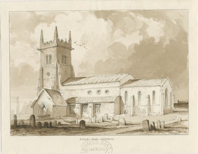 Stoke-upon-Trent Church [Gammal]: sepiateckning, 1841 av Thomas Peploe Wood