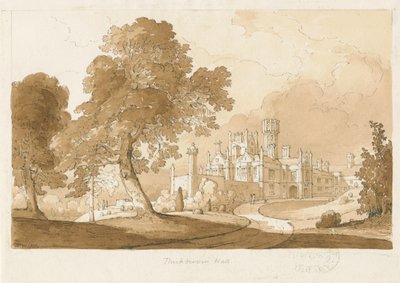"Thickbroom Hall" [Manley Hall]: sepiatvättteckning, 1837 av Thomas Peploe Wood