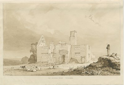 Tittensor - Old Manor House: sepiatvättteckning, 1837 av Thomas Peploe Wood