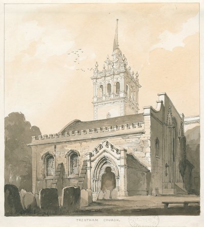 Trentham Church: sepia och gul tvättteckning, nd [?1838] av Thomas Peploe Wood