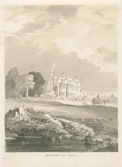 Weston-on-Trent - Hall: sepia-ritning av Thomas Peploe Wood