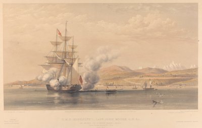 H.M.S. Highflyer Kapten John Moore C.B. c. för ankar utanför Soukoum Kaleh-Abasia, Omar Pasha lämnar fartyget, oktober 1855 av Thomas Picken