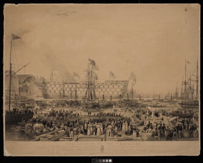 Sjösättningen av Trafalgar, i närvaro av Hennes Nådige Majestät Drottning Victoria och Hans Kungliga Höghet Prins Albert, vid H.M. Dock Yard, Woolwich... av Thomas Picken