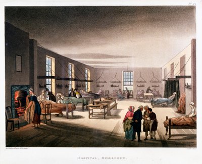 Kvinnoavdelningen på Middlesex Hospital, London, 1808-1811 av Thomas Rowlandson, Augustus Charles Pugin