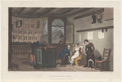 Boot & Shoe Shop, från Poetical Sketches of Scarborough, 1813., 1813. Skapare: Thomas Rowlandson, Joseph Constantine Stadler, J. Bluck. av Thomas Rowlandson, Joseph Constantine Stadler, J. Bluck