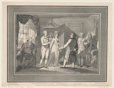 Kapten Bowling introducerad till Narcissa, 12 maj 1800., 12 maj 1800. Skapare: Thomas Rowlandson, Joseph Constantine Stadler. av ThomasThomas Rowlandson, Joseph Constantine Stadler Thomas Rowlandson, Joseph Constantine Stadler