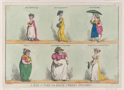 A Bill of Fare for Bond Street Epicures!!, 25 oktober 1808., 25 oktober 1808. av Thomas Rowlandson