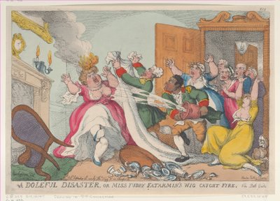 A Doleful Disaster, eller Miss Fubby Fatarmins peruk fattade eld, 20 september ..., 20 september 1813. av Thomas Rowlandson