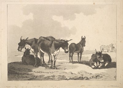 En grupp av fem åsnor, tre stående, två liggande, 1783-87. av Thomas Rowlandson
