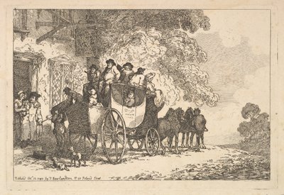 En fullastad diligens utanför ett posthus av Thomas Rowlandson