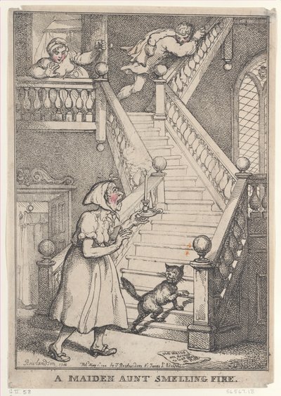 A Maiden Aunt Smelling Fire, [1 maj 1806], återutgiven 1 maj,..., [1 maj 1806], återutgiven 1 maj 1812. av Thomas Rowlandson
