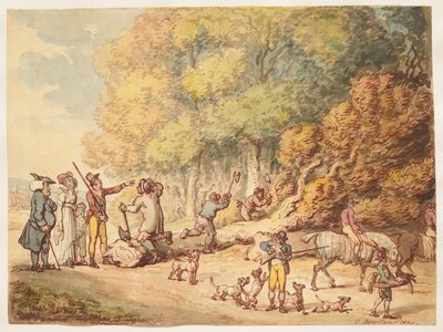 En jägare med sin familj som instruerar skogshuggare att hugga upp ett fällt träd av Thomas Rowlandson