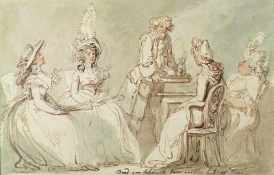 A Tea Party (penna & bläck, penna & w/c på papper som läggs på fästet) (recto of 238964) av Thomas Rowlandson