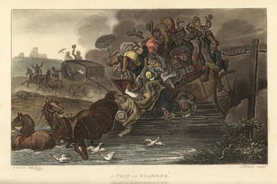 En resa till Scarbro: En buss överlastad med bagage och passagerare kör in i en damm. Handkolorerad kopparstick av Thomas Rowlandson, akvatint av J. Bluck, efter en skiss av J. Green från Poetical Sketches of Scarborough, Ackermann, London av Thomas Rowlandson