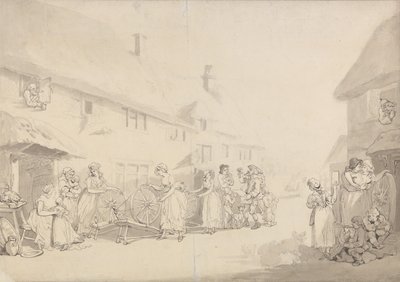 En bybild med flickor som spinner av Thomas Rowlandson