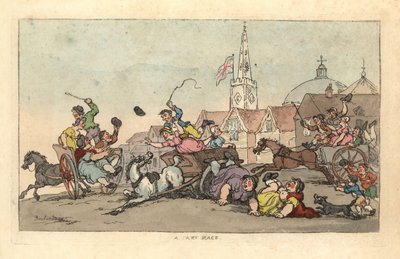 Ett vagnslopp i en engelsk stad med en olycka i förgrunden av Thomas Rowlandson