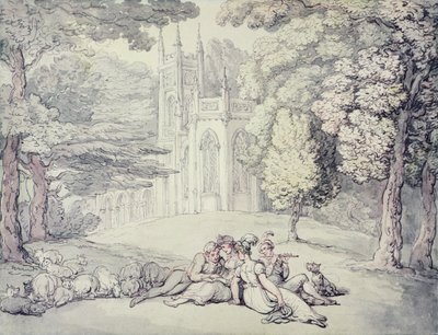 En collegegreen med en grupp tjejer och unga herrar i förgrunden, ca 1810-15 (penna & bläck och akvarell över penna på papper) av Thomas Rowlandson