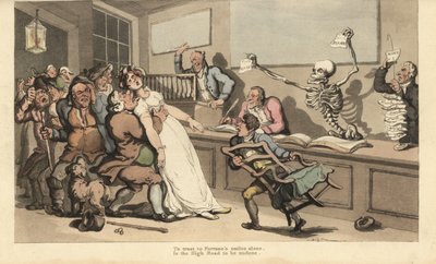 En kvinna dör i chock vid åsynen av ett tomt papper som viftas av Dödens skelett på ett lotterikontor. Handfärgad kopparplåt tecknad och graverad av Thomas Rowlandson från The English Dance of Death, Ackermann, London av Thomas Rowlandson