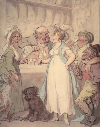 En ung attraktiv kvinna introduceras till "nöjen" med gindrickande, c1810 av Thomas Rowlandson