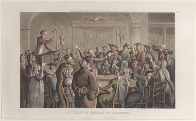Auktion av reliker i Avignon, från Journal of Sentimental Travels in the Southern Provinc..., 1821. av Thomas Rowlandson