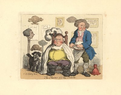 Frisör och kund i en barbershop dekorerad med peruker. av Thomas Rowlandson