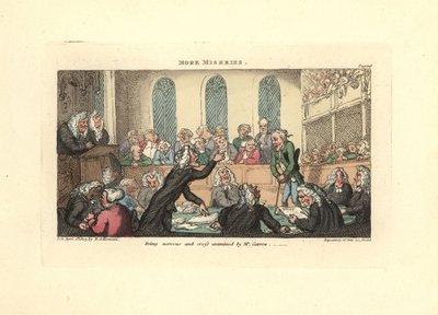 Att vara nervös och korsförhörd av Mr. Garrow. av Thomas Rowlandson