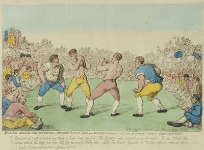 Boxningsmatch för 200 Guineas mellan holländska Sam och Medley (färgad etsning) av Thomas Rowlandson