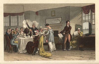 Frukostrummet på Old Bell Inn, Scarborough. Gäster som dricker kaffe, läser tidningar, äter frukost i ett Regency-rum. Handkolorerad kopparstick av Thomas Rowlandson, akvatint av J. Bluck, efter en skiss av J. Green från Poetical Sketche av Thomas Rowlandson