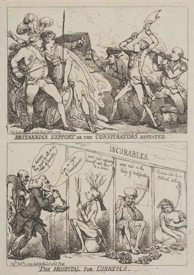 Antingen Britannias stöd eller konspiratörernas nederlag – Sjukhuset för sinnessjuka av Thomas Rowlandson