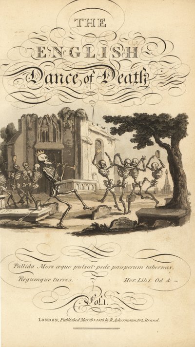 Kalligrafisk titel och vinjett av skelett som dansar med tamburiner och horn på en kyrkogård nära en förstörd kyrka. Handfärgad kopparplåt tecknad och graverad av Thomas Rowlandson från The English Dance of Death, Ackermann, London av Thomas Rowlandson