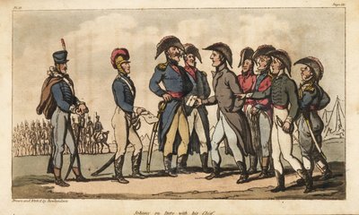 Kapten Johnny Newcome i tjänst som Aide de Camp till hertigen av Wellington under halvönskampanjen. Handfärgad kopparstick tecknad och etsad av Thomas Rowlandson från överste David Roberts The Military Adventures of Johnny Newcome, Martin, av Thomas Rowlandson