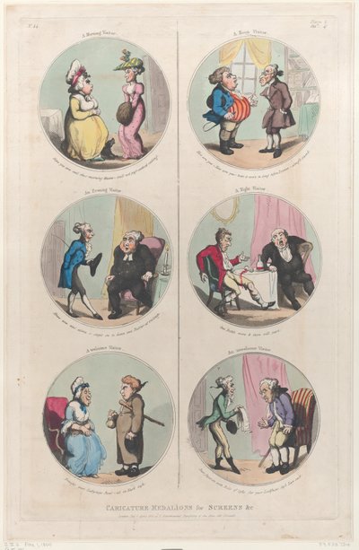 Karikatyrmedaljonger för skärmar &c: A Morning Visitor, An Evening Visitor, A We..., 1 april 1800. av Thomas Rowlandson