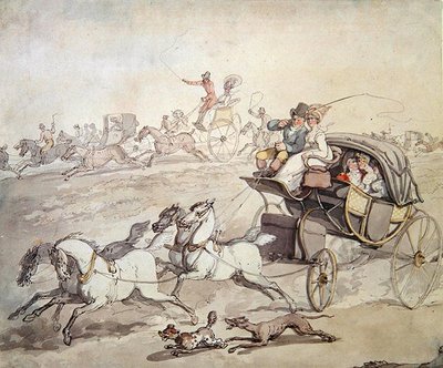 Vagnar och ryttare i full fart över öppen gräsmark, ca 1800 (penna och bläck med tvätt på papper) av Thomas Rowlandson