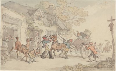 Byta häst på ett posthus i Frankrike av Thomas Rowlandson